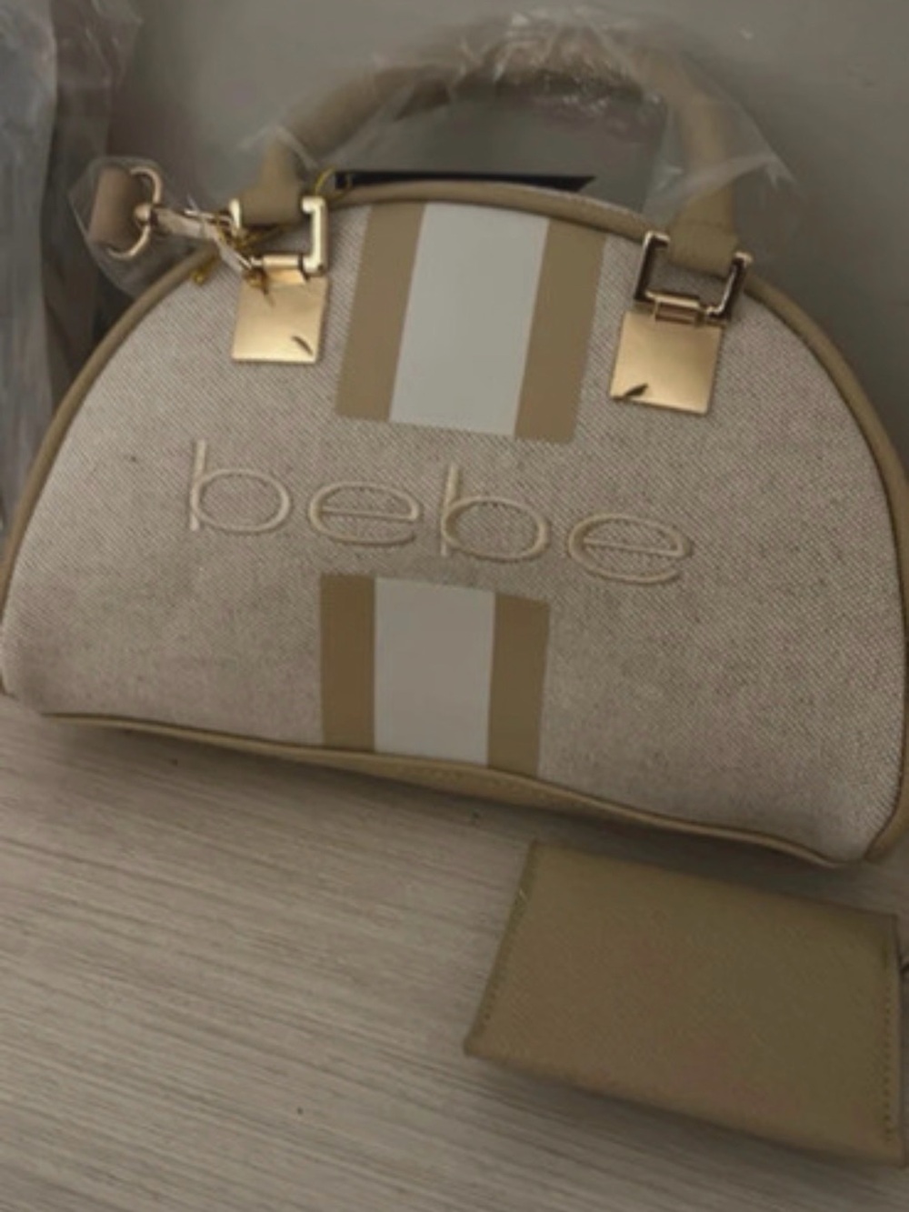bebe Cream and Tan Dome Satchel with Coin Pouch - Picture 2 of 5